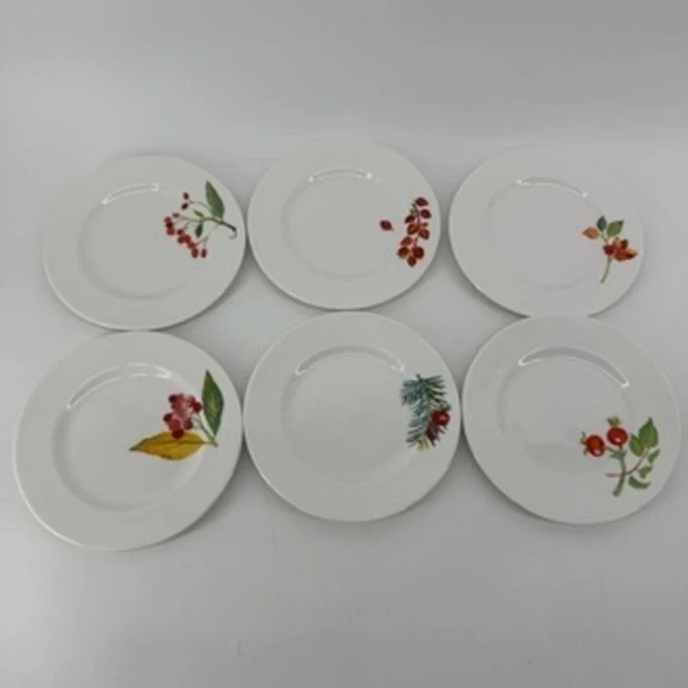 Crate & Barrel Mary Woodin Winter Berry Appetizer Plates Set of 6 White 6.25in